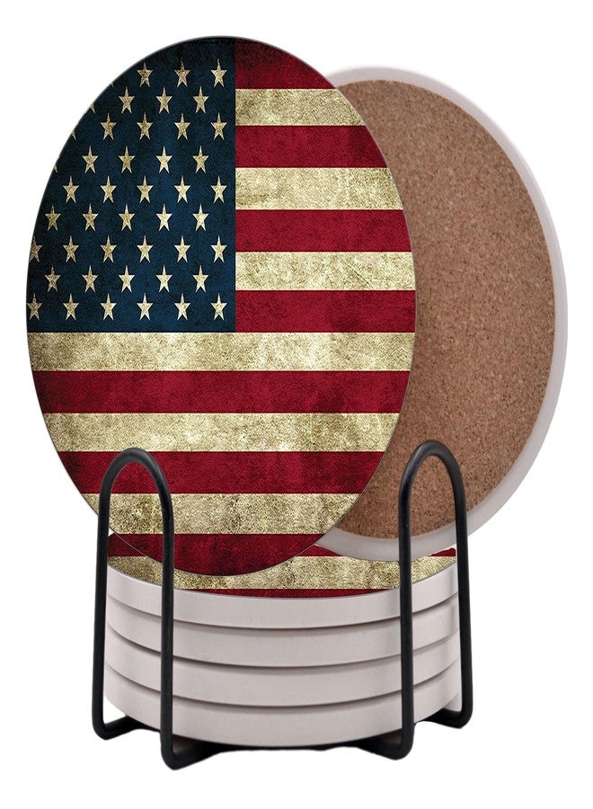 DAJDC USA American Flag United States Round Coasters Set of 6 - Abosrbent Ceramic with Metal Stand for Drinks, Coffee, Non-Slip Cork Back for Tabletop Protection, 4 Inches (Rustic) - Image 1